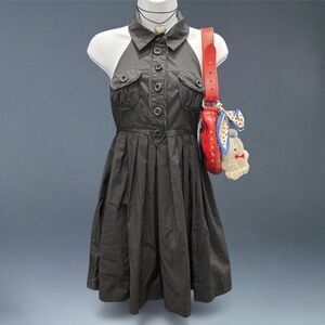 Y2K Halter Cargo Mini Dress Black Collared Pleated Silk Trim Pocket Detail S